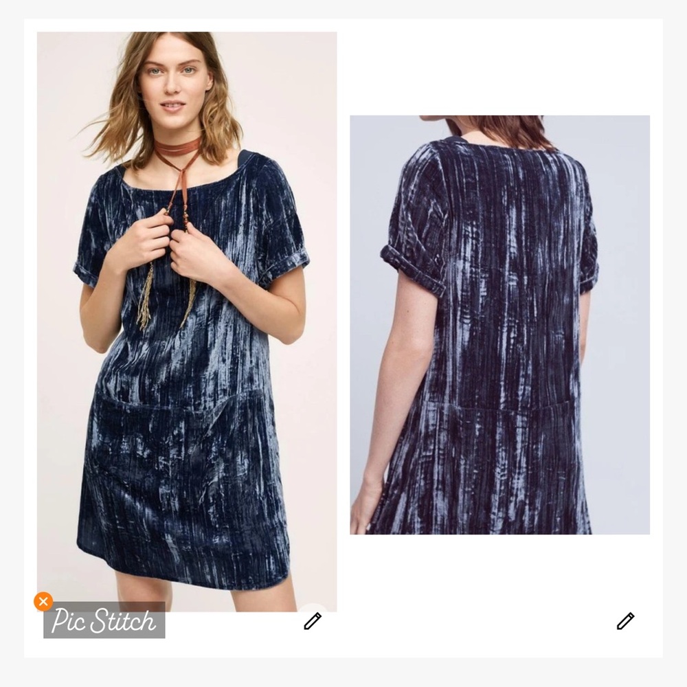 Velvet Short Sleeve Shift Dress in Dark Blue